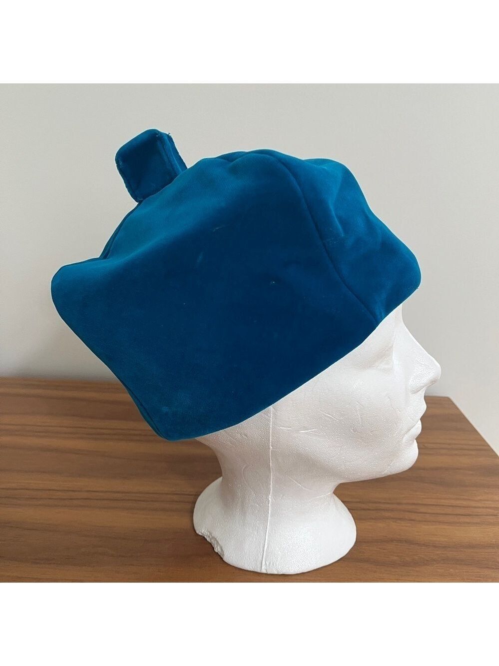 VINTAGE Jerry Yates Montreal Blue Velvet Hat Square Shape 50's 60's Chic Lady - Picture 7 of 15
